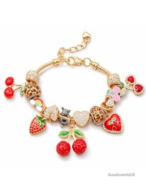 Gold Charm Bracelet Cherry Pendant Leopard Bead Strand Jewelry
